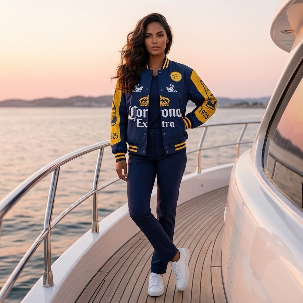 NWT Corona Extra Varsity Jacket Size Junior M Navy Yellow Bomber C-Life Group